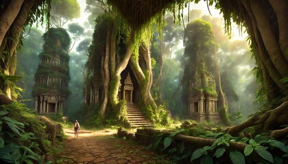 landscape within a dense jungle hiding ancient temples overgrown vines and mysterious encouraging players to unravel the secrets of the past game art