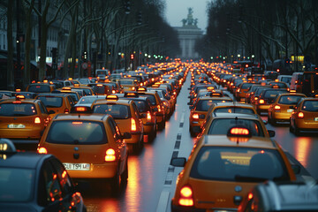 Endless Sea of Taxi Lights During European City Protest - obrazy, fototapety, plakaty