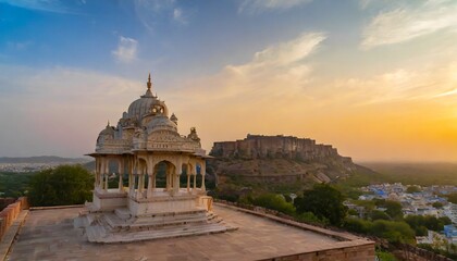 Fototapeta na wymiar the jaswant thada and mehrangarh fort in background at sunset the jaswant thada is a cenotaph located in jodhpur it was used for the cremation of the royal family marwar jodhpur rajasthan india