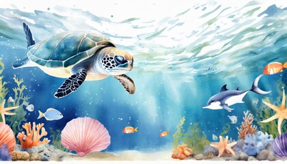 birthday card and baby shower invitation under the sea theme background template blue watercolor ocean fish turtle whale and coral shell aquarium nautical dolphin marine illustration jellyfish