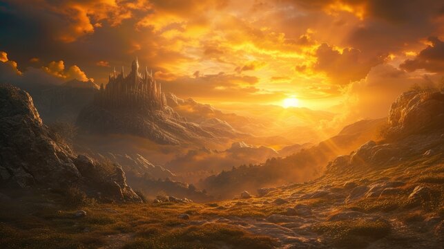 Fantasy landscape with castle and mountain at sunset. 3d illustrations