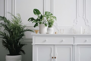 fake plant in a pot on a white cabinet with space for text below it in a white interior