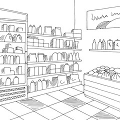 Grocery interior store shop black white graphic sketch illustration vector 