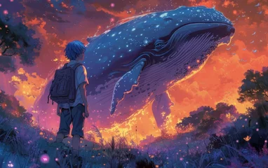 Tuinposter Fantasy child dream, fairy tale background with a little boy with a huge whale flying in the night neon sky over a phantasmagoric alien planet's surface. © hugo