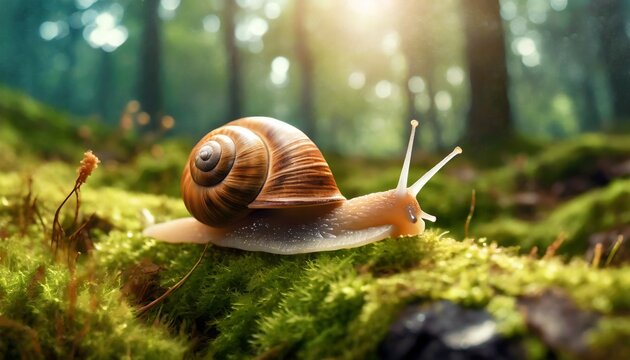 walking snail in the forest on moss 