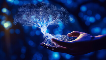 A hand holding a shiny tree hologram on a blue light , environment and global warming concept.Generative AI