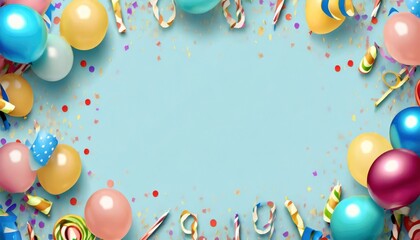 birthday party background on blue top view frame made of colorful serpentine balloons candles candies and confetti