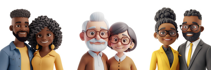 Fototapeta premium 3D Rendered Illustration of Happy Couples Set: All Ages, Middle Age, Young, Cartoon Style, Isolated on Transparent Background, PNG