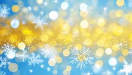 Fototapeta na wymiar blue white and yellow art deco snowflake banner with blurred bokeh lights background