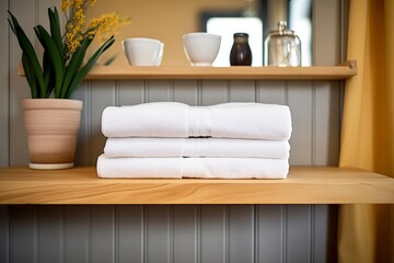 Fototapeta na wymiar folded fluffy towels on an elegant wooden shelf