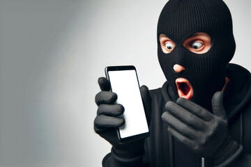 man in a black robber mask with a shocked expression hold smartphone with white screen. ai generative