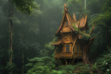 A fairy-tale-like scene featuring an enchanting wooden cottage with chicken legs