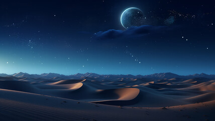 A sultry endless desert, dunes of yellow sand, blue night sky..to the horizon, the radiance of stars and constellations - 724720540