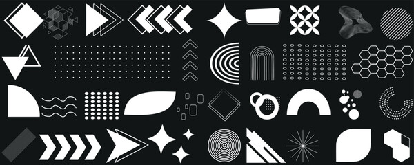Geometric shapes, white icons on black background. Arrows, circles, patterns. Modern vector elements for web design, digital graphics. Abstract forms creating visual interest