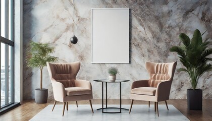 mock up poster in the interior with an armchair and a table on the background of a marble wall 3d render 3d illustration