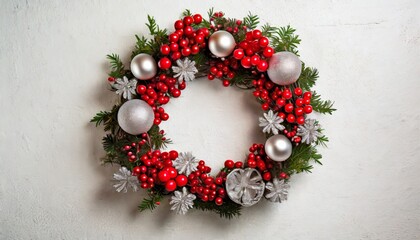 Fototapeta na wymiar red berry holiday wreath on white plaster wall with silver ornaments