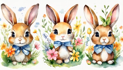 watercolor happy easter baby bunnies design with spring blossom flower rabbit bunny kids illustration isolated hand drawn easter cartoon forest hare animal bunny holiday funny