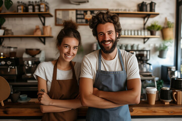 Fototapeta na wymiar Portrait of happy, smiling baristas couple wearing apron in coffee shop or bar