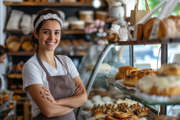 Portrait of happy woman in apron standing with fresh bake bread in her homemade bakery shop