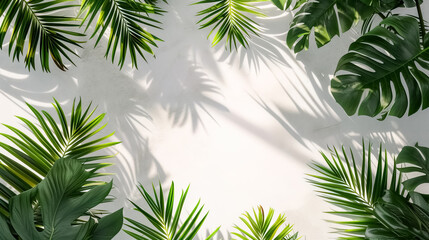Tropical palm leaves on white floor background, Cover banner leaf backdrop, There is space in the middle for text or logos, palm leaves top view