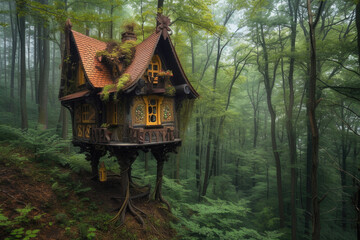 A fairy-tale-like scene featuring an enchanting wooden cottage with chicken legs