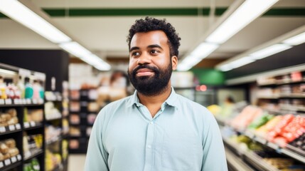 Grocery store cashier portrayed horizontally, highlighting diversity in skin tone.