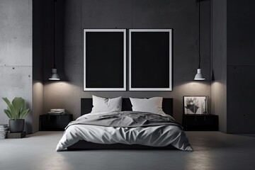 Interior of the bedroom is dark, and the furnishings include a bed with two pillows and white sheets, nightstands, and a grey concrete floor. Two sample posters for the copy space