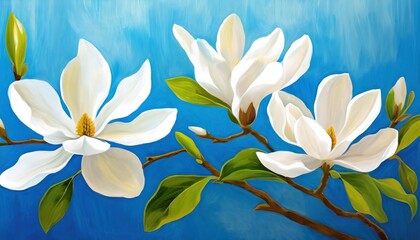Fototapeta na wymiar painted white magnolia on a blue background for interior printing the mural art