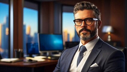 Confident Business Executive in Modern Office - A Professional Portrait of a CEO with Glasses