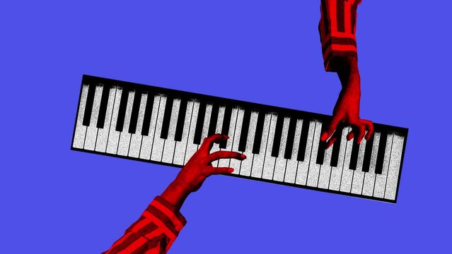 Female hands playing piano over blue background. Classical sounds, music, hobby. Stop motion, animation. Concept of y2k style, creativity, surrealism, abstract art, imagination. Colorful design