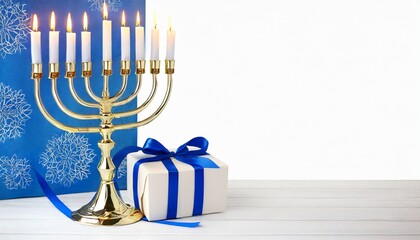 jewish hanukkah menorah 9 branch candlestick gift box holiday candle holder nine arm candlestick traditional hebrew festival of lights candelabra background for design with copy space