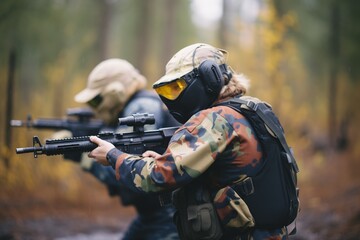 paintball team in combat gear aiming at each other - obrazy, fototapety, plakaty