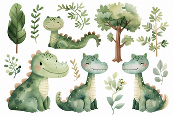A delightful set of watercolor crocodiles depicted with a gentle, whimsical touch, alongside stylized trees and greenery.