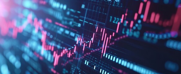 Fototapeta premium Abstract Financial Data Concept with Glowing Market Charts and Graphs on a Futuristic Display - Modern Investment and Stock Trading Background