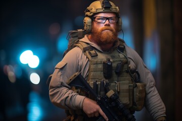 bodyguard in tactical gear during night patrol - obrazy, fototapety, plakaty