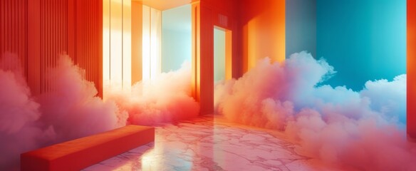 Ethereal Dreamlike Corridor with Vibrant Colors and Mist - Surreal Atmospheric Interior with Orange and Blue Hues, Creating a Mysterious and Otherworldly Concept Scene