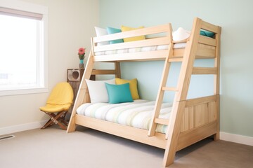 wooden twin over full bunk bed with neutral bedding