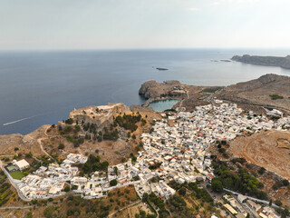 Acropolis of Lindos town and white houses in Rhodes island Greece