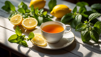 Obraz na płótnie Canvas Hot tea with lemon, mint in the kitchen breakfast