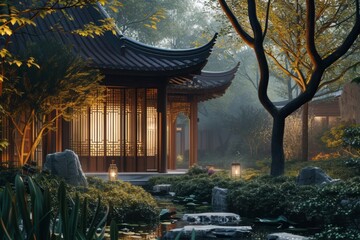 Serene Traditional Asian Pavilion at Twilight Surrounded