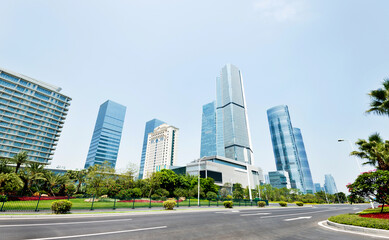 Urban road and modern office buildings