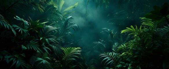 Fototapeta na wymiar Enchanting Mystical Jungle Scene with Lush Greenery and Mysterious Mist Creeping through the Forest