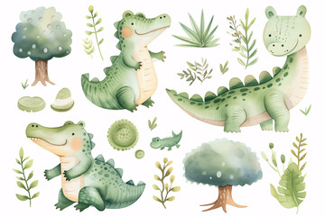 A delightful set of watercolor crocodiles depicted with a gentle, whimsical touch, alongside stylized trees and greenery. - obrazy, fototapety, plakaty