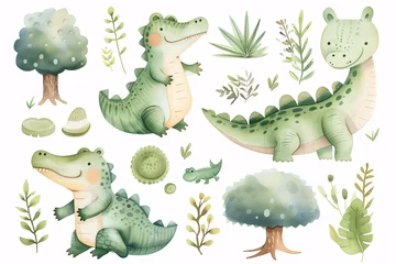 Fototapeten A delightful set of watercolor crocodiles depicted with a gentle, whimsical touch, alongside stylized trees and greenery. © phanthit malisuwan