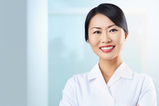 Asian woman nurse smiling on blurred background with copy space