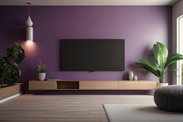 Modern living room with TV on purple wall