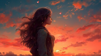 Girl in love looking in the distance. Anime, manga style painting, drawing. Red sunset, sunrise.