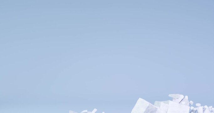 3D animation of a stylized snow wall collapsing. Chunks of ice are falling showing a blank screen. Relationship concept, discord, disagreement, background