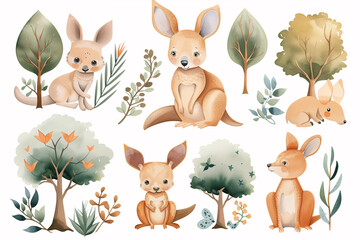 Naklejka premium A heartwarming watercolor collection featuring endearing kangaroos surrounded by a variety of Australian botanicals and foliage.