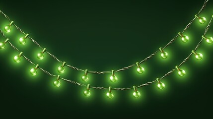 Christmas garland, glowing green light bulbs string.
